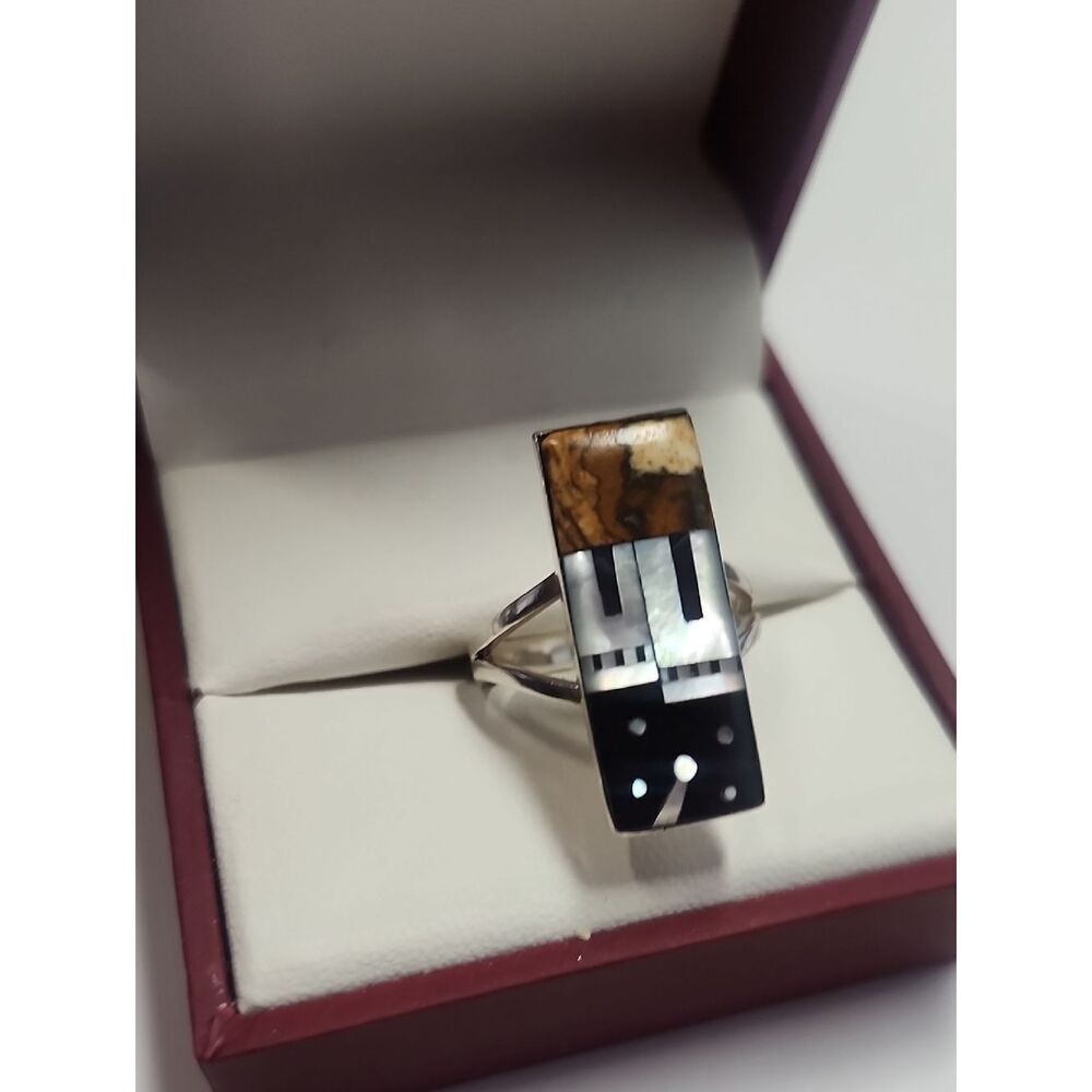 Inlay Rectangle Sterling Silver Ring Black Brown White Size 8 T Philipines 925